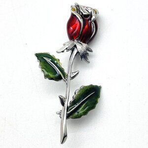LIZ CLAIBORNE Long Stem Rose Pin Silver Tone Enameled Nature Garden Trees Flower
